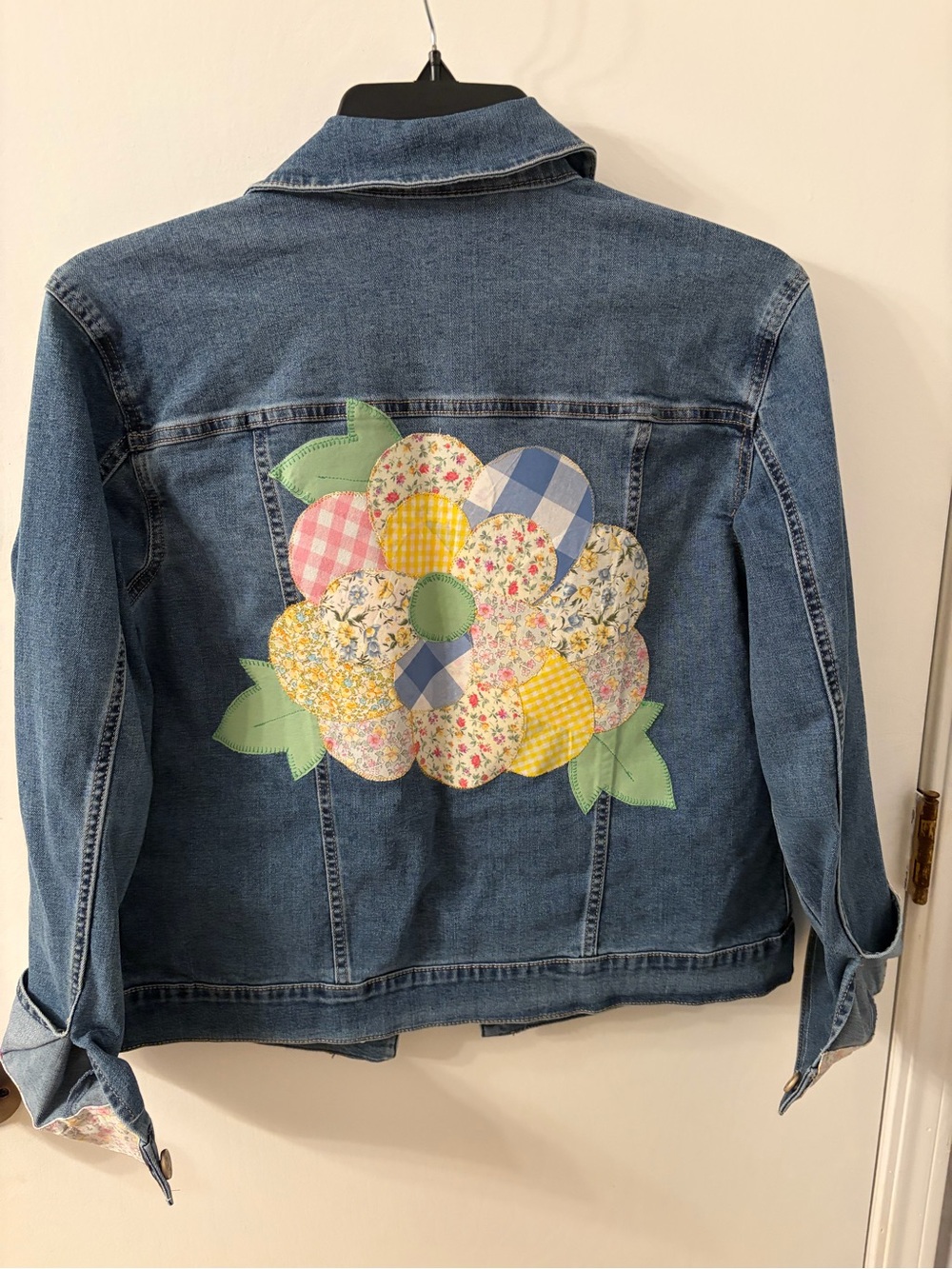 Denim Jacket with Patchwork Floral Applique - Blue